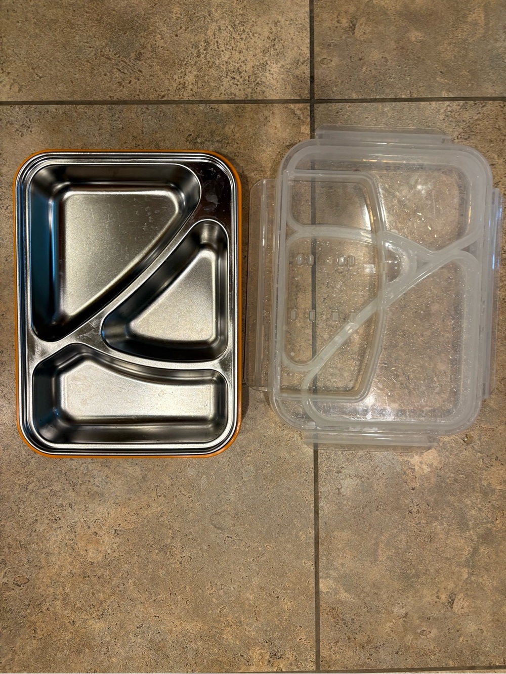 Stainless Steel Compartment Bento Lunch Box with Clear Lid - Orange Trim
